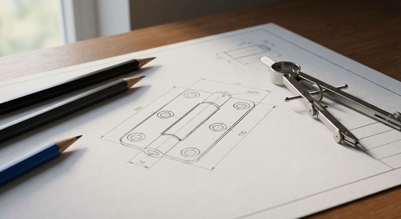 Инженерная схема механизма замка и шарнира на чертёжном столе
